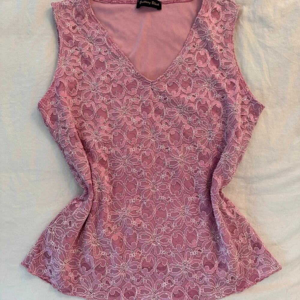 Y2K‎ Pink Lace Tank with Silver Glittered Polkadots - Picture 2 of 8